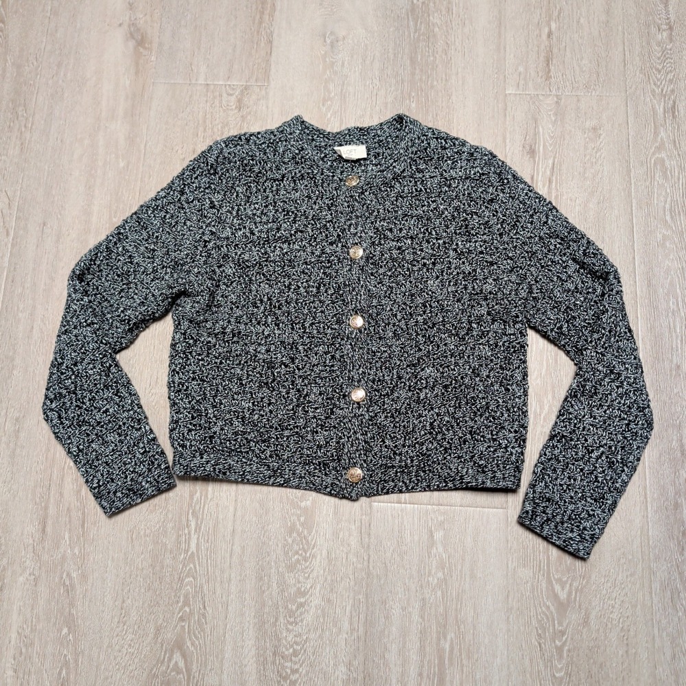 LOFT Outlet Womens L Button Up Marled Knit Cardigan Sweater Black‎ White Knit